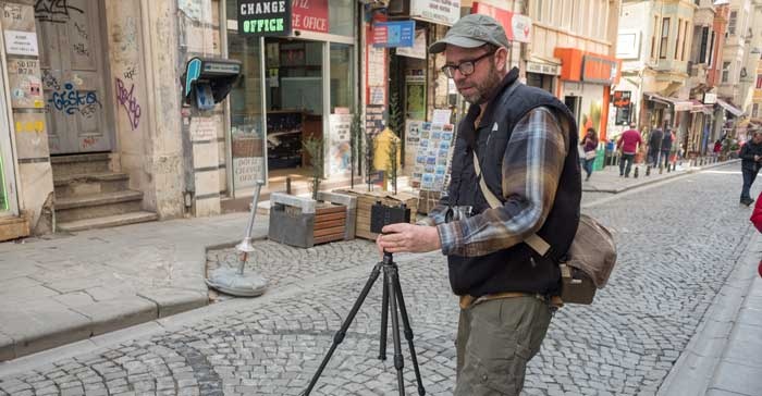 Cameron Gillie taking a pinhole photograph in Istanbul, Turkey