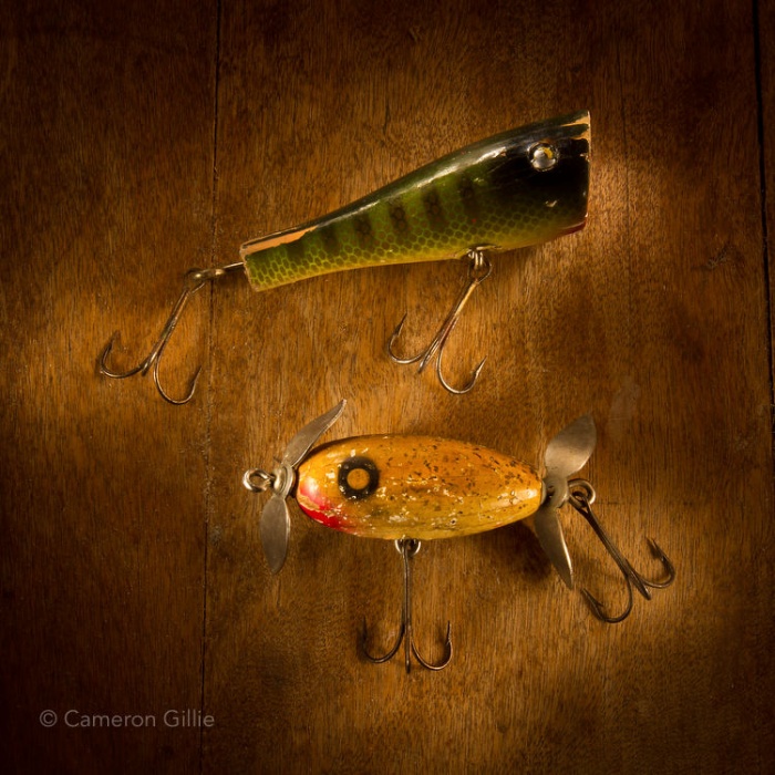 Vintage fishing lures light painting using nothing but a small flashlight to give dramatic light.